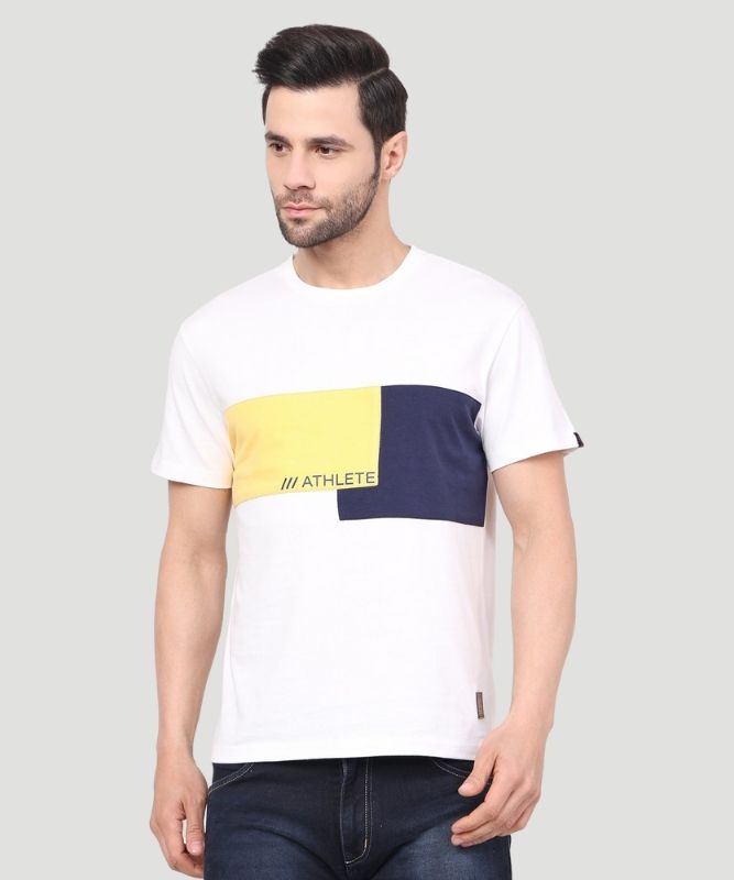 Men's White Colourblock Half Sleeves Regular Fit T-Shirt