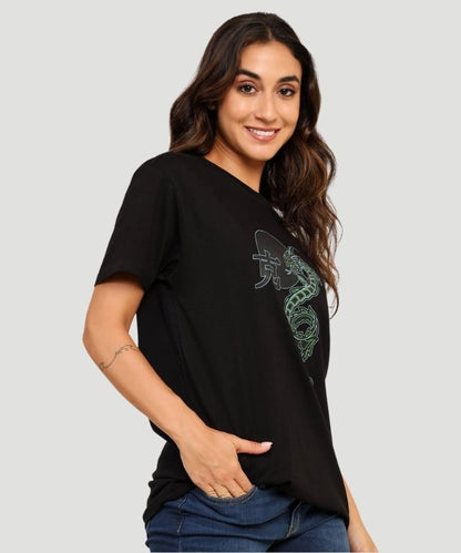 Women's Black Graphic Print Half Sleeves Oversized Fit T-Shirt