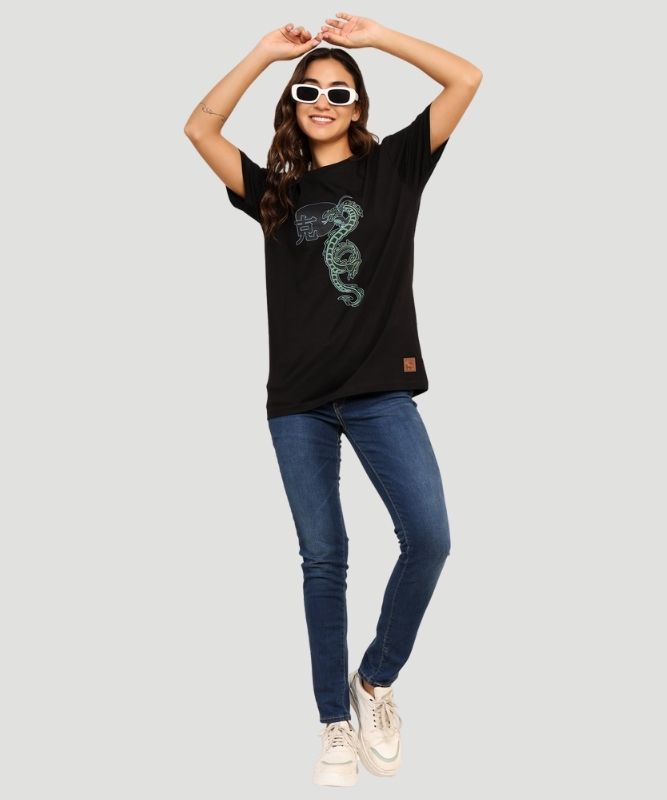 Women's Black Graphic Print Half Sleeves Oversized Fit T-Shirt